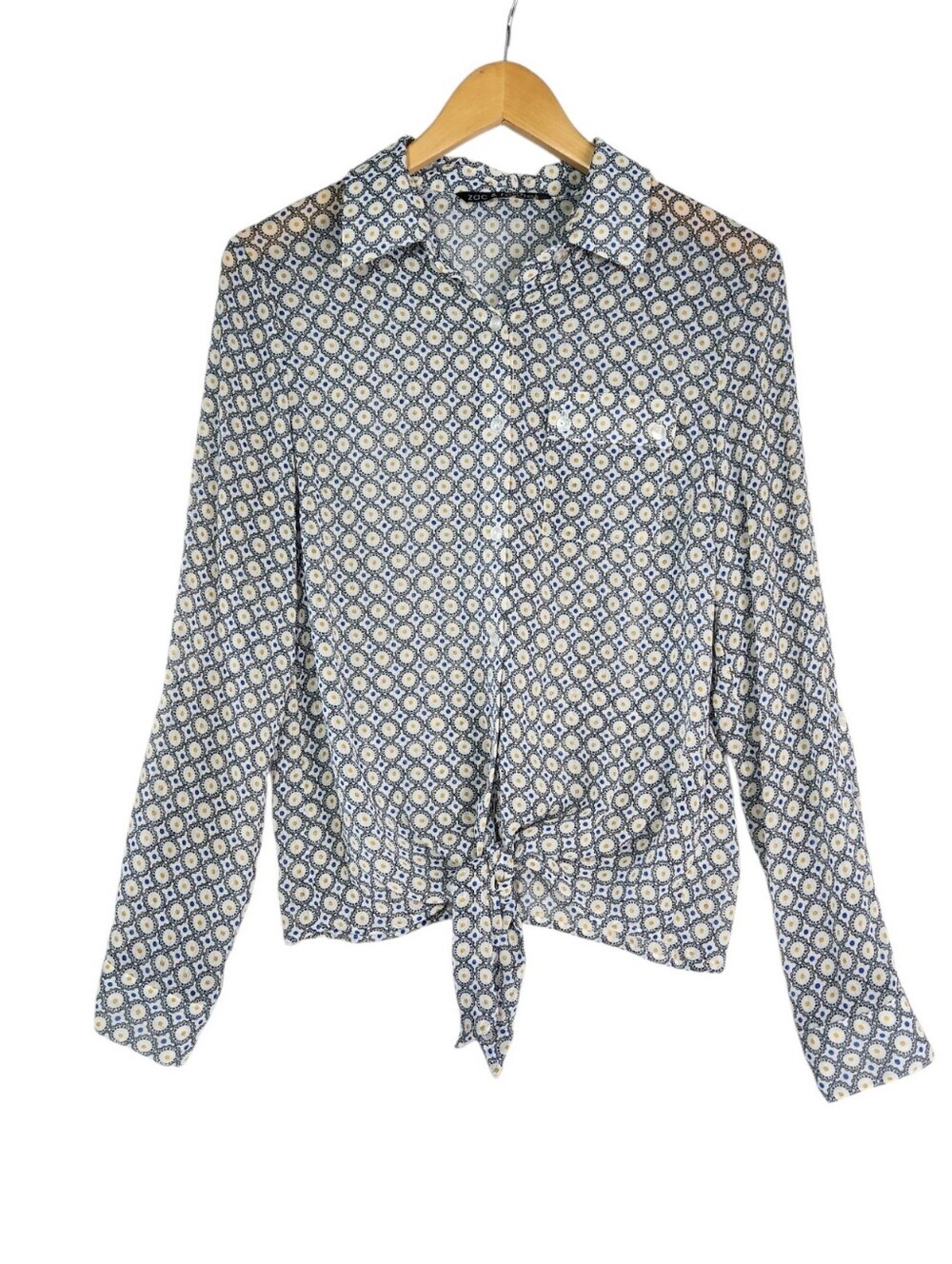 Zac & Rachel Long Sleeve Tie Front Blouse Medium Blue Geometric Tile Print
